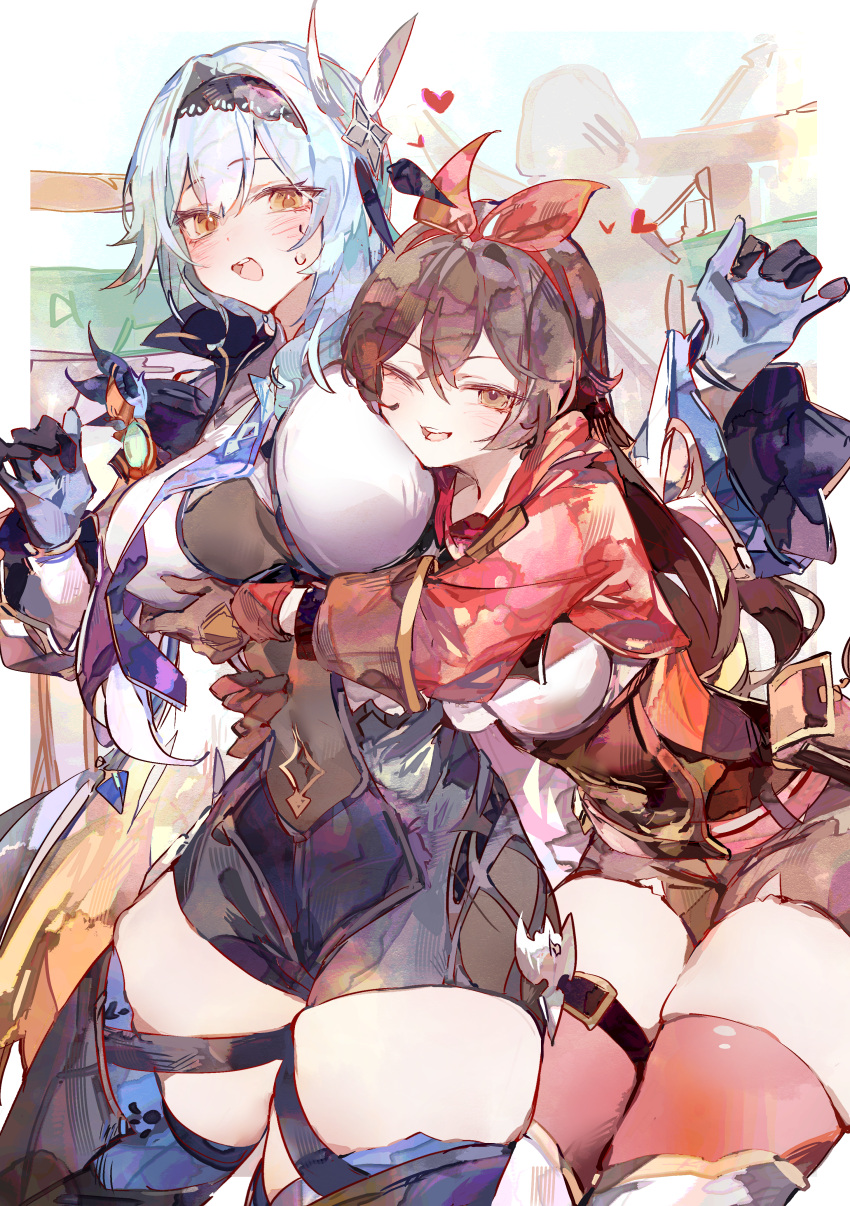 2girls absurdres amber_(genshin_impact) black_hairband blue_hair blush breast_press breasts brown_hair cocoballking commentary eula_(genshin_impact) female_pervert genshin_impact gloves grabbing grabbing_another's_breast groping hair_between_eyes hair_ornament hairband highres hug hug_from_behind large_breasts long_hair long_sleeves looking_at_viewer medium_breasts medium_hair multiple_girls one_eye_closed open_mouth pervert smile symbol-only_commentary thick_thighs thighhighs thighs yuri