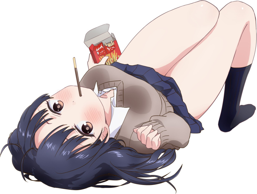 1girl black_socks blue_hair blue_skirt boku_no_kokoro_no_yabai_yatsu box breasts brown_eyes closed_mouth collared_shirt dark_blue_hair food food_in_mouth from_behind grey_sweater holding holding_box komatsu_(sakanae) large_breasts long_hair long_sleeves looking_at_viewer lying miniskirt mouth_hold on_back pleated_skirt pocky pocky_in_mouth school_uniform shirt simple_background skirt socks solo sweater thighs white_background white_shirt yamada_anna