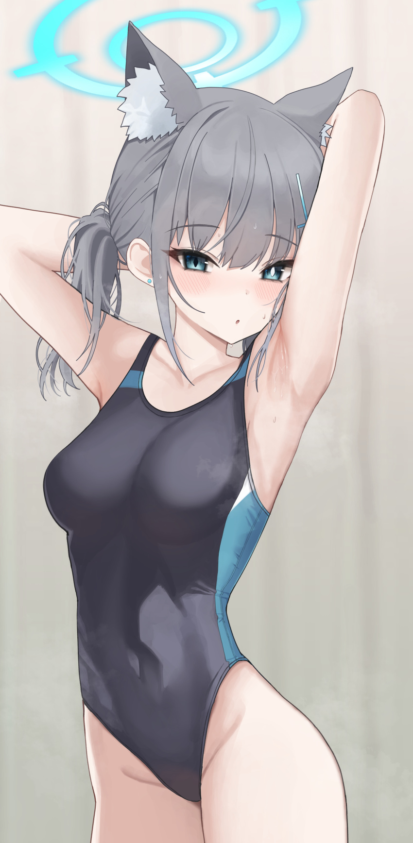 1girl :o absurdres animal_ear_fluff animal_ears aqua_eyes armpits arms_up blue_archive blush breasts collarbone competition_swimsuit earrings grey_hair groin halo highres jewelry jimwh37 looking_at_viewer medium_breasts mismatched_pupils one-piece_swimsuit presenting_armpit shiroko_(blue_archive) shiroko_(swimsuit)_(blue_archive) side_ponytail solo stud_earrings swimsuit two-tone_one-piece_swimsuit wolf_ears