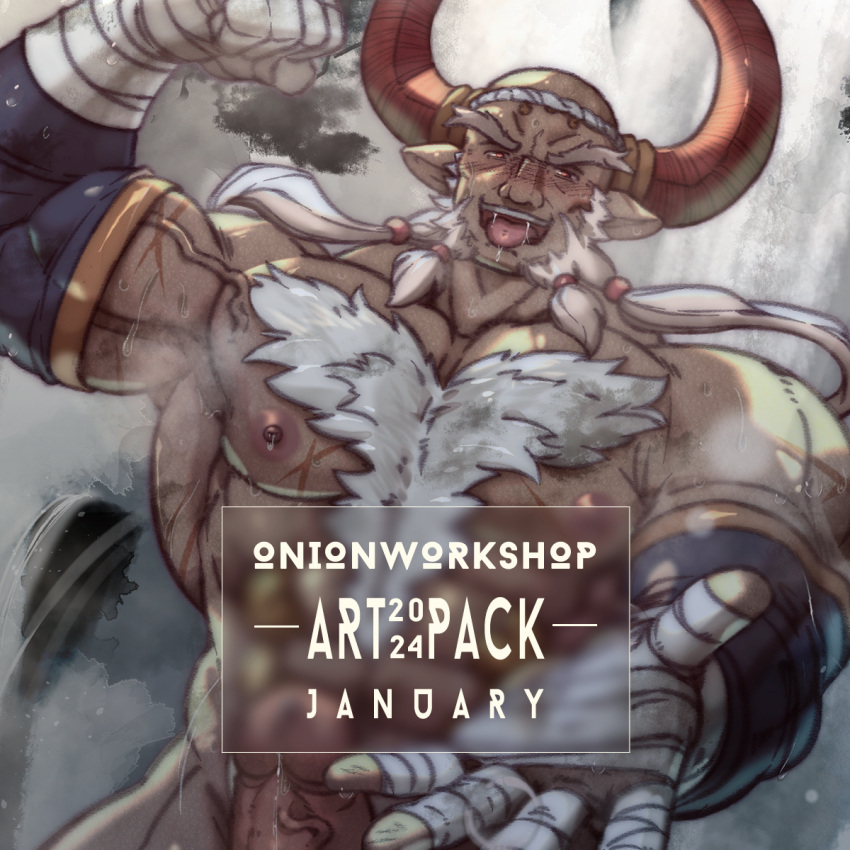 1boy :d abs bald bara beard beckoning biceps body_fur censored censored_by_text cowboy_shot dark-skinned_male dark_skin draph dutch_angle facial_hair flexing forked_eyebrows ghandagoza granblue_fantasy hachimaki headband highres horns huge_eyebrows large_horns large_pectorals looking_at_viewer male_focus mature_male muscular muscular_male mutton_chops naughty_face navel nipples nude old old_man onionworkshop outstretched_hand paid_reward_available pectorals penis reaching reaching_towards_viewer red_horns saliva smile solo thick_chest_hair thick_navel_hair tied_beard veins veiny_arms water waterfall wet