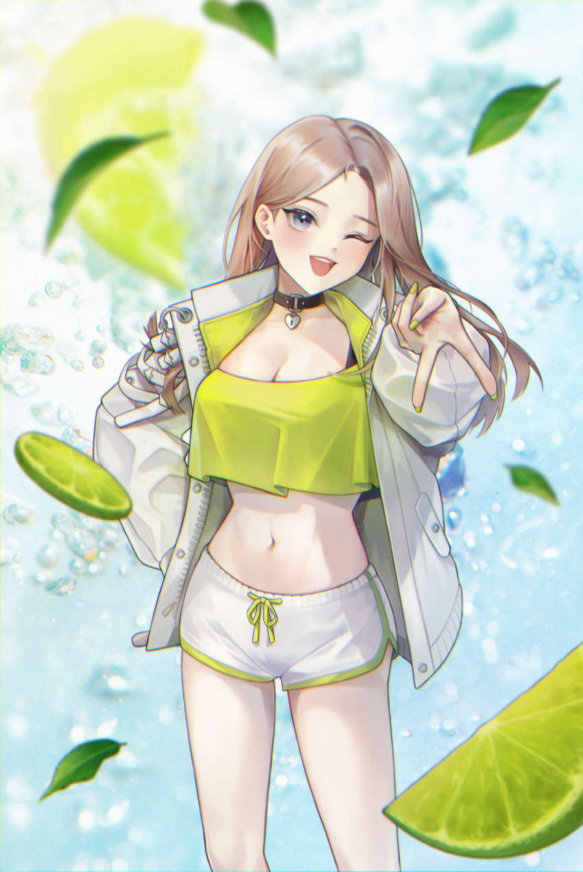 1girl ;d absurdres black_collar black_tank_top blue_eyes breasts brown_hair cleavage collar crop_top crop_top_overhang dolphin_shorts food fruit green_nails green_shirt gyaru_v hand_on_own_hip heart_collar highres ice jacket leaf lime_(fruit) lime_slice long_hair looking_at_viewer medium_breasts midriff navel one_eye_closed open_clothes open_jacket original s0104y shirt short_shorts shorts smile solo stomach tank_top v white_jacket white_shorts