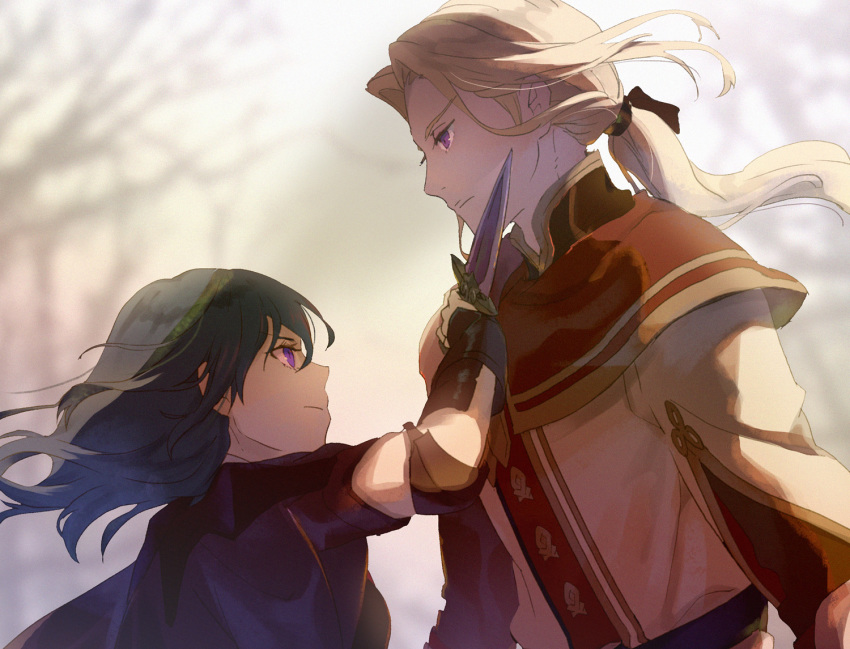 1boy 1girl asao_(vc) blonde_hair blurry blurry_background byleth_(fire_emblem) byleth_(fire_emblem)_(female) closed_mouth commentary_request dagger expressionless fire_emblem fire_emblem:_three_houses floating_hair from_side jeritza_von_hrym long_hair low_ponytail purple_eyes standing upper_body weapon