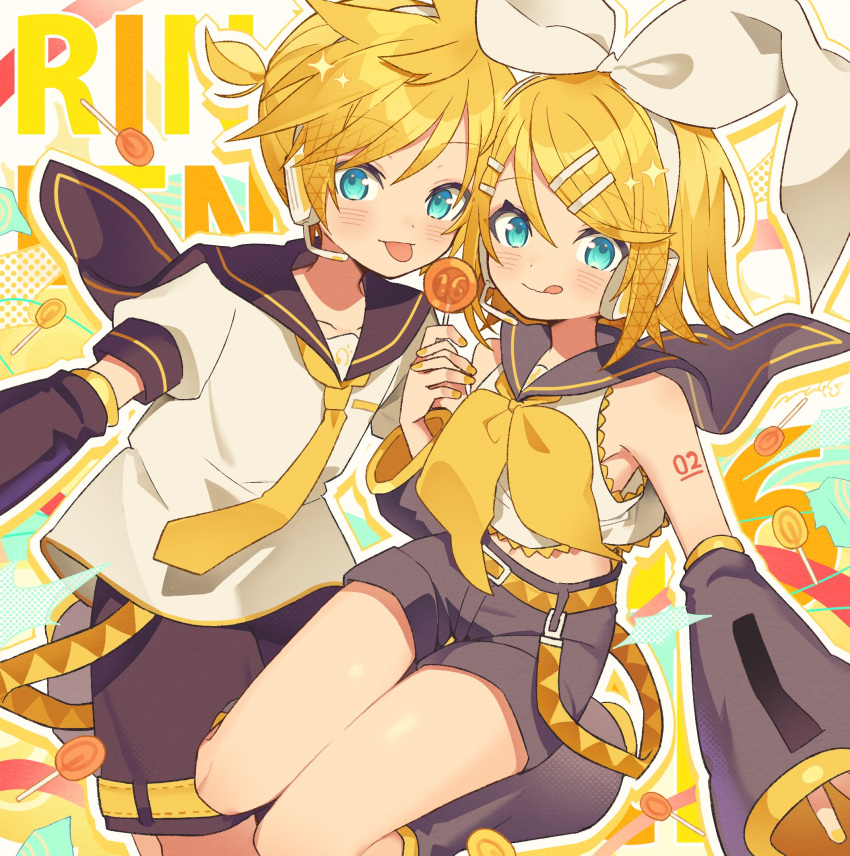 1boy 1girl aqua_eyes blonde_hair blue_eyes bow brother_and_sister crypton_future_media detached_sleeves hair_ornament hair_ribbon hairclip headphones highres kagamine_len kagamine_rin long_hair looking_at_viewer miwasiba necktie open_mouth piapro ribbon shirt short_hair shorts siblings smile twins vocaloid