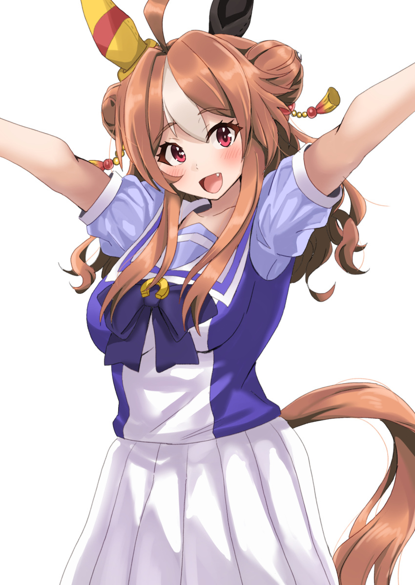 1girl :d animal_ears arms_up blush breasts brown_hair collarbone commentary_request copano_rickey_(umamusume) ear_covers fang highres horse_ears horse_girl horse_tail large_breasts long_hair mihe multicolored_hair open_mouth pleated_skirt red_eyes sailor_collar school_uniform short_sleeves simple_background single_ear_cover skirt smile solo streaked_hair tail tracen_school_uniform umamusume white_background white_hair white_sailor_collar white_skirt