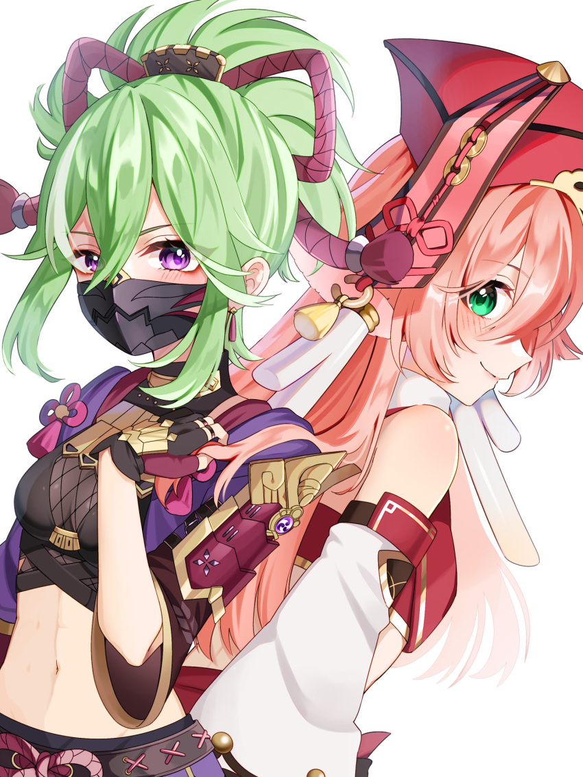 2girls antlers back-to-back bare_shoulders black_gloves black_mask blush breasts closed_mouth crop_top cropped_jacket detached_sleeves fishnet_top fishnets from_side genshin_impact gloves green_eyes green_hair hair_between_eyes hair_over_shoulder hand_in_another's_hair hand_up highres horns jacket kuki_shinobu leaning_forward long_hair long_sleeves looking_at_viewer mask midriff mouth_mask multiple_girls navel ninja_mask partially_fingerless_gloves pink_hair purple_eyes purple_jacket red_headwear rope shimenawa short_ponytail small_breasts smile tofu_(0tohuuuu) upper_body vision_(genshin_impact) white_background white_sleeves yanfei_(genshin_impact)