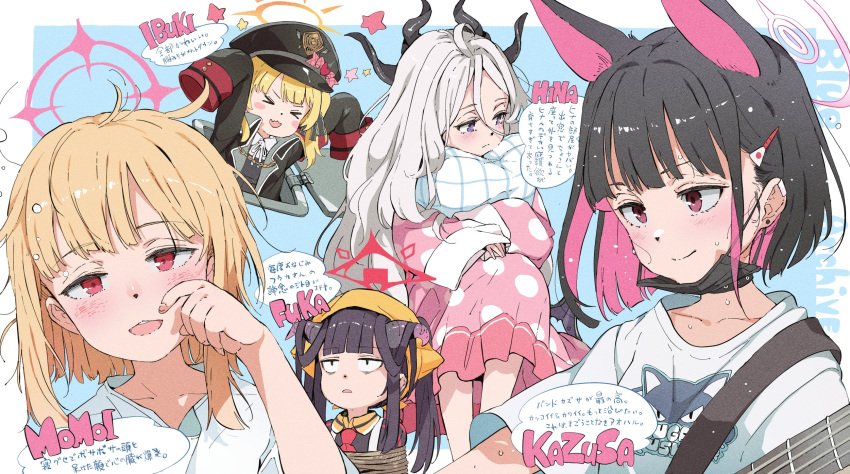 &gt;_&lt; 5girls animal_ears black_coat black_hair black_headwear black_horns blonde_hair blue_archive blush cat_ears closed_mouth coat collared_shirt colored_inner_hair demon_horns extra_ears fuuka_(blue_archive) gomennasai halo hat head_scarf highres hina_(blue_archive) hina_(pajamas)_(blue_archive) horns ibuki_(blue_archive) kazusa_(blue_archive) long_hair momoi_(blue_archive) multicolored_hair multiple_girls multiple_horns official_alternate_costume open_clothes open_coat open_mouth pajamas peaked_cap pink_hair pink_halo pink_pajamas polka_dot polka_dot_pajamas purple_eyes red_eyes red_halo restrained rope shirt short_hair short_sleeves side_ponytail sleeves_past_fingers sleeves_past_wrists smile white_hair white_shirt yellow_headwear