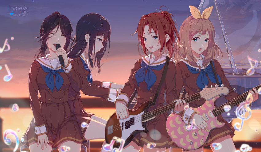 4girls bass_guitar black_hair blonde_hair blue_neckerchief brown_hair brown_jacket brown_skirt electric_guitar guitar hibike!_euphonium highres holding holding_microphone instrument jacket kasaki_nozomi kitauji_high_school_uniform kurenaiz_(kureniz) liz_to_aoi_tori looking_at_viewer microphone multiple_girls music musical_note nakagawa_natsuki neckerchief piano playing_instrument school_uniform singing skirt smile smug yoroizuka_mizore yoshikawa_yuuko