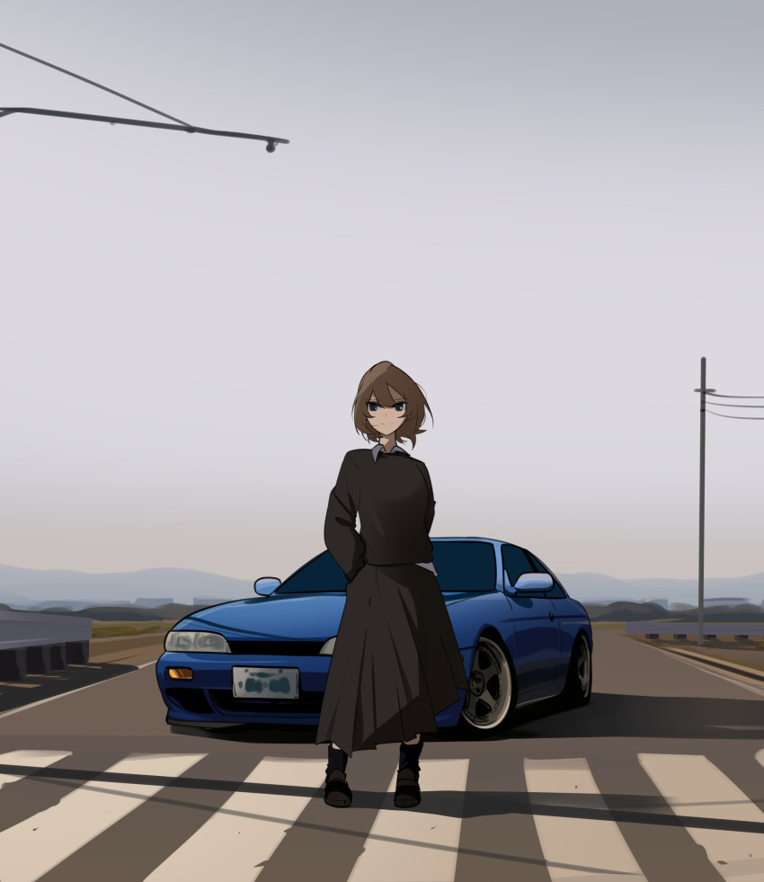 1girl absurdres asamiya_mariko black_footwear black_skirt black_sweater blue_eyes boots brown_hair car collared_shirt fog highres holeecrab long_sleeves looking_at_viewer motor_vehicle nissan nissan_s14_silvia nissan_silvia original outdoors shadow shirt short_hair skirt smile solo sports_car standing sweater