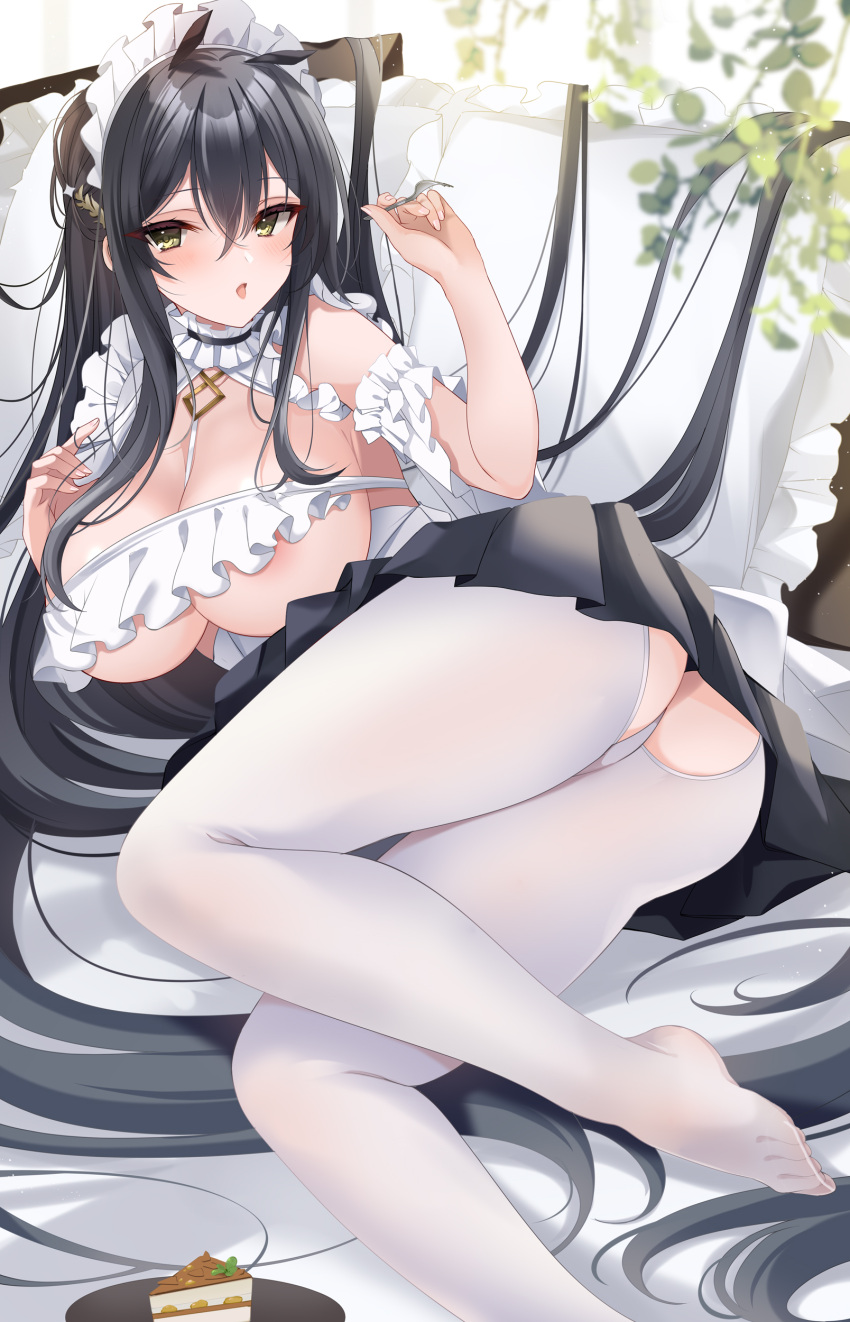 1girl absurdly_long_hair absurdres akatsuki_(aktk511) arm_garter ass ass_cutout azur_lane black_skirt breasts cake cake_slice choker clothing_cutout crotchless crotchless_pantyhose food foot_out_of_frame frilled_choker frilled_pillow frills green_eyes hair_between_eyes highres huge_breasts indomitable_(azur_lane) indomitable_(ms._motivationless_maid)_(azur_lane) long_hair looking_at_viewer lying maid_headdress official_alternate_costume on_side pantyhose pillow pleated_skirt skirt solo tiramisu very_long_hair white_pantyhose