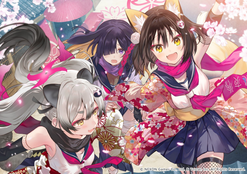 3girls animal_ears arm_up bare_shoulders black_hair black_scarf blue_archive blue_sailor_collar blue_skirt blush breasts brown_hair cherry_blossoms cleavage commentary_request eyeshadow fang floral_print_kimono fox_hair_ornament gradient_hair grey_hair hadanugi_dousa hair_between_eyes hair_over_one_eye halo hanekoto izuna_(blue_archive) japanese_clothes kimono looking_at_another looking_at_viewer lop_rabbit_ears makeup michiru_(blue_archive) multicolored_hair multiple_girls neckerchief ninja ninjutsu_research_club_(blue_archive) one_side_up open_mouth pink_eyeshadow pink_halo pink_kimono pink_neckerchief pink_scarf purple_eyes rabbit_ears raccoon_ears raccoon_girl raccoon_hair_ornament raccoon_tail sailor_collar scarf shirt short_hair skin_fang skirt sleeveless sleeveless_shirt smile tail tsukuyo_(blue_archive) twintails upper_body white_shirt yellow_eyes