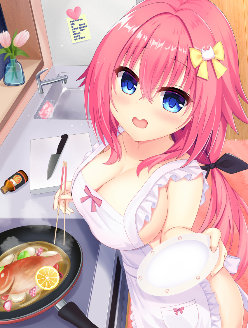 1girl absurdres apron black_ribbon blue_eyes blush bow breasts cat_hair_ornament chopsticks cleavage collarbone commentary_request cooking cowboy_shot crossed_bangs frilled_apron frills frying_pan hair_between_eyes hair_bow hair_ornament hair_ribbon hamidashi_creative highres holding holding_chopsticks holding_plate indoors kitchen large_breasts long_hair looking_at_viewer low_twintails naked_apron nanatsu_(na_na_tsu) open_mouth pink_hair plate ribbon smile solo tokiwa_kano twintails white_apron yellow_bow