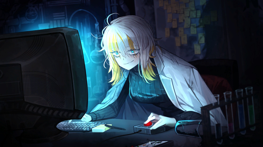 1girl black_sweater blonde_hair blue_eyes breasts closed_mouth coat cup faust_(project_moon) game_cg highres indoors keyboard_(computer) lab_coat lapels large_breasts limbus_company long_sleeves medium_breasts monitor multicolored_hair nai_ga notched_lapels official_art open_clothes open_coat pen project_moon ribbed_sweater sitting solo streaked_hair sweater two-tone_hair typing vial white_coat white_hair
