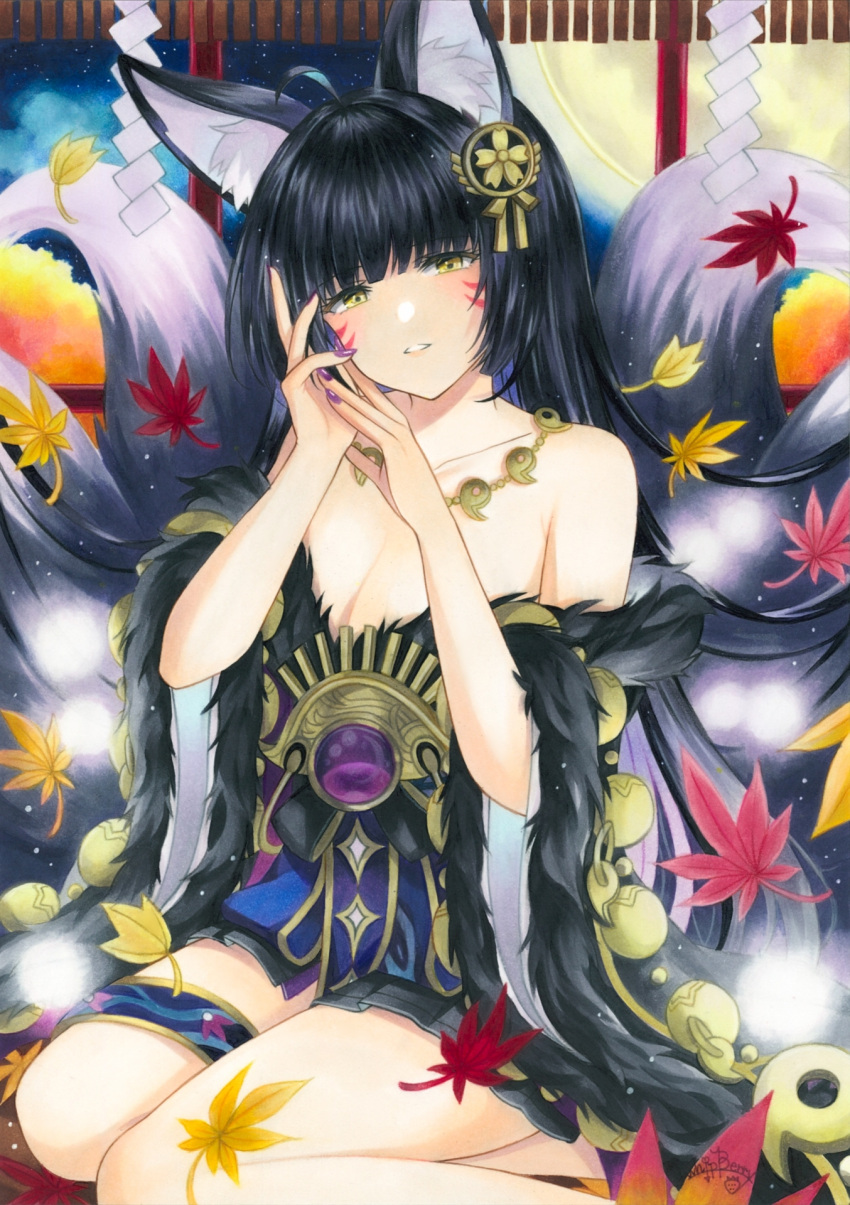 1girl animal_ear_fluff animal_ears azur_lane bare_shoulders beads black_hair breasts cleavage collarbone facial_mark fox_ears fox_girl fox_tail fur-trimmed_kimono fur_trim gem highres japanese_clothes jewelry kimono kitsune kyuubi large_breasts long_hair looking_at_viewer low_neckline magatama magatama_necklace marker_(medium) multiple_tails musashi_(azur_lane) necklace prayer_beads purple_gemstone skirt_under_kimono solo tail traditional_media very_long_hair whipberry whisker_markings yellow_eyes