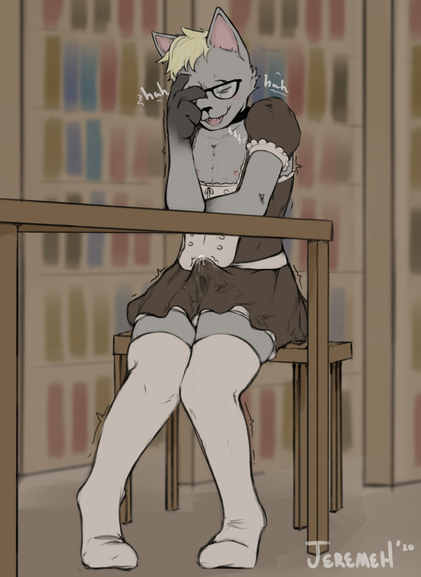 animal_crossing anthro bodily_fluids clothed clothing crossdressing cum cum_in_clothing cum_through_clothing eyewear genital_fluids glasses hand_on_face hi_res jeremeh legwear library maid_uniform male nintendo orgasm_face raymond_(animal_crossing) shaking sitting solo thigh_highs under_table uniform video_games wet wet_clothing