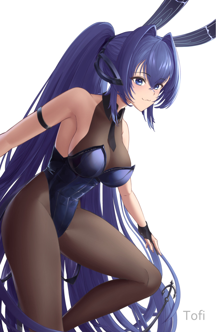 1girl :3 animal_ears arm_strap azur_lane blue_eyes blue_hair blue_leotard bodystocking breasts fake_animal_ears from_side high_ponytail highres large_breasts leotard long_hair looking_at_viewer new_jersey_(azur_lane) new_jersey_(exhilarating_steps!)_(azur_lane) official_alternate_costume oversized_breast_cup playboy_bunny rabbit_ears simple_background solo strapless strapless_leotard tofi very_long_hair white_background