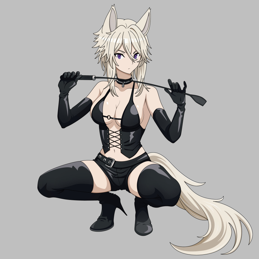 1girl absurdres animal_ears armpits belt black_belt black_collar black_corset black_gloves black_shorts blonde_hair bondage_outfit boots breasts cat_ears cleavage closed_mouth collar corset dominatrix elbow_gloves full_body gloves grey_background hair_between_eyes high_heels highres holding_riding_crop kage_no_jitsuryokusha_ni_naritakute! large_breasts long_bangs looking_at_viewer medium_hair mfg navel purple_eyes shorts simple_background solo squatting stiletto_heels tail thigh_boots zeta_(kage_no_jitsuryokusha_ni_naritakute!)