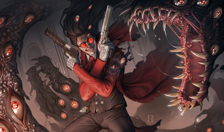 1boy alucard_(hellsing) artist_logo black_hair coat commentary dated english_commentary extra_eyes glasses gloves gun hellsing highres hinchel_or holding holding_gun holding_weapon long_hair looking_at_viewer necktie overcoat red_eyes sharp_teeth smile solo suit teeth too_many_eyes vampire weapon