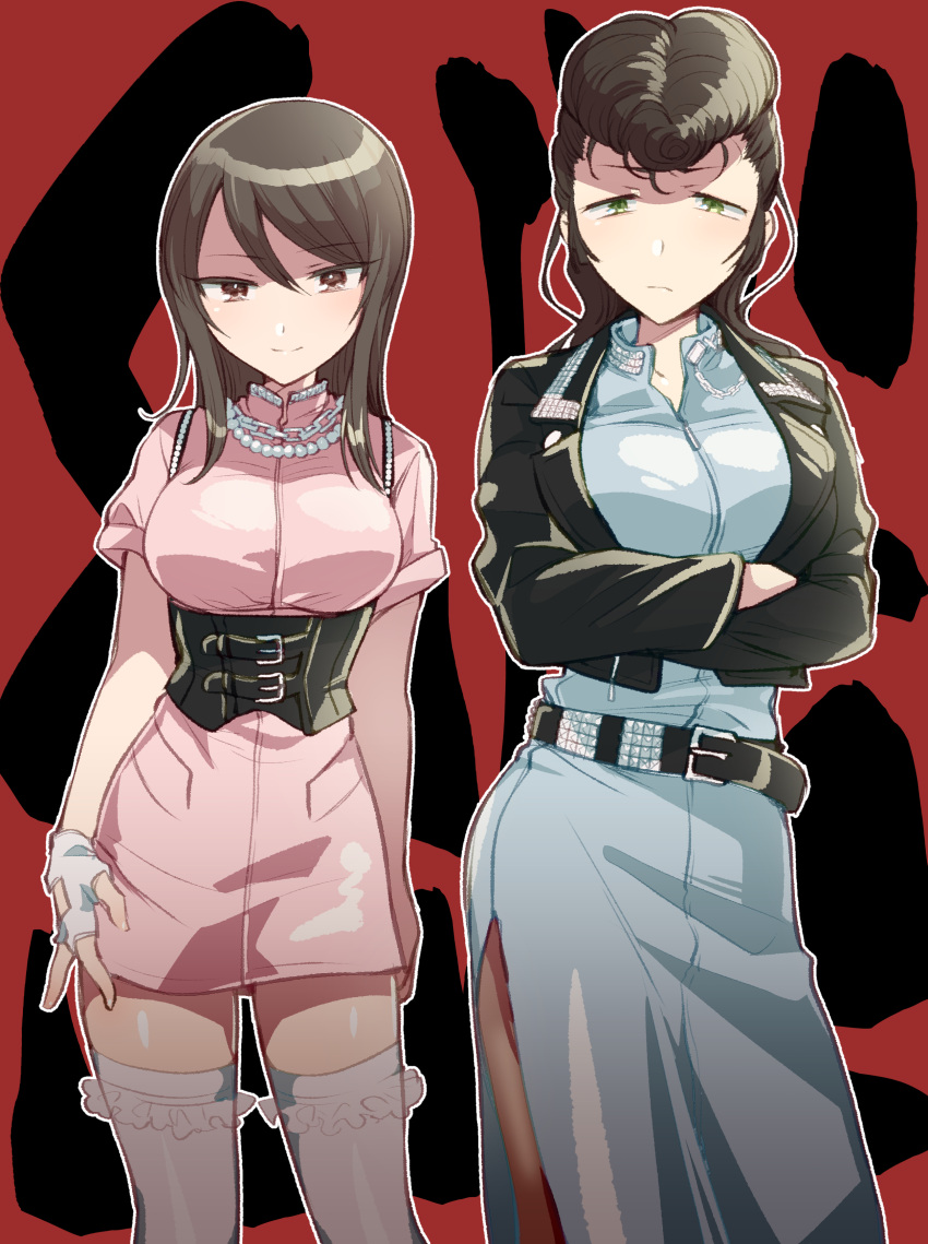 2girls absurdres alternate_costume bead_necklace beads belt black_belt black_jacket blue_dress brown_eyes brown_hair chain_necklace closed_mouth commentary crossed_arms delinquent dress fingerless_gloves frilled_thighhighs frills frown girls_und_panzer gloves green_eyes half-closed_eyes highres jacket jewelry koyama_harutarou leather leather_jacket long_hair long_sleeves looking_at_viewer majisuka_gakuen medium_dress mika_(girls_und_panzer) multiple_girls necklace no_headwear outline parody pink_dress pompadour red_background short_dress short_sleeves side-by-side side_slit smile standing studded_belt text_background thighhighs underbust white_gloves white_outline white_thighhighs yuri_(girls_und_panzer)