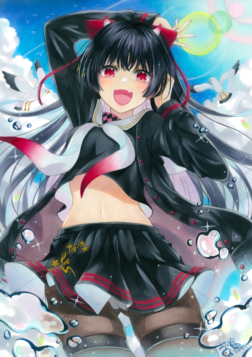 1girl absurdres azur_lane black_cardigan black_hair black_skirt bow breasts brown_pantyhose cardigan cowboy_shot fang hair_bow highres long_sleeves looking_at_viewer marker_(medium) medium_breasts miniskirt neckerchief open_cardigan open_clothes open_mouth pantyhose pleated_skirt red_eyes sakawa_(azur_lane) school_uniform skin_fang skirt solo thigh_strap traditional_media two-tone_neckerchief whipberry white_neckerchief