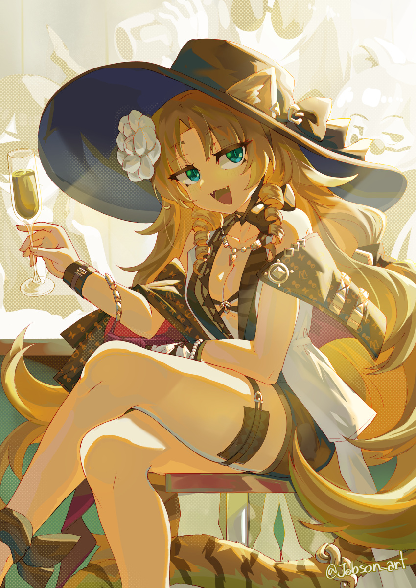 1girl absurdres animal_ears arknights artist_name black_headwear blonde_hair breasts cat_ears cat_girl cat_tail champagne_flute cleavage commentary crossed_legs cup drill_hair drill_sidelocks drinking_glass ears_through_headwear fangs flower green_eyes hair_flower hair_ornament highres holding holding_cup long_hair looking_at_viewer medium_breasts open_mouth sidelocks signature sitting sleepyowl_(jobkung15) solo swire_(arknights) swire_the_elegant_wit_(arknights) tail twitter_username very_long_hair white_flower