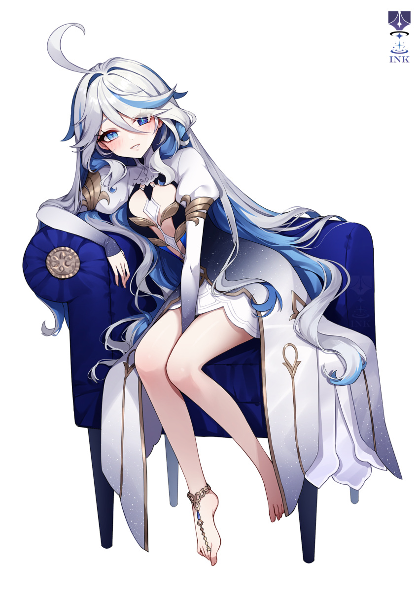1girl ankkoyom arm_rest armchair artist_name barefoot between_legs blue_hair blush chair colored_inner_hair cowlick dress drop-shaped_pupils focalors_(genshin_impact) full_body genshin_impact gradient_dress grey_hair hand_between_legs high-low_skirt highres juliet_sleeves long_hair long_sleeves looking_at_viewer mismatched_pupils multicolored_hair on_chair parted_lips puffy_sleeves signature simple_background solo streaked_hair wavy_hair white_background