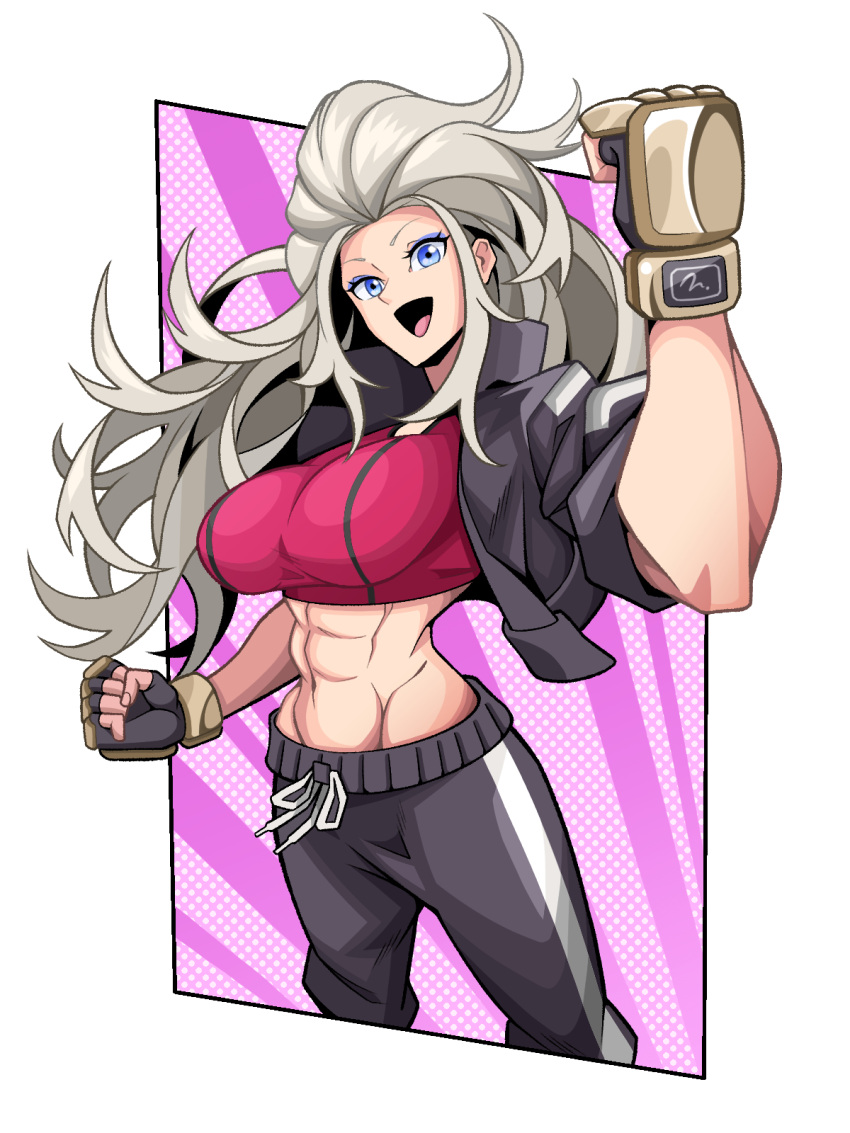 1girl abs black_jacket black_pants blue_eyes breasts fingerless_gloves gloves highres jacket kunio-kun_series large_breasts long_hair marian_kelly midriff muscular muscular_female navel open_mouth pants pechamaju river_city_girls solo track_pants upper_body white_background white_hair