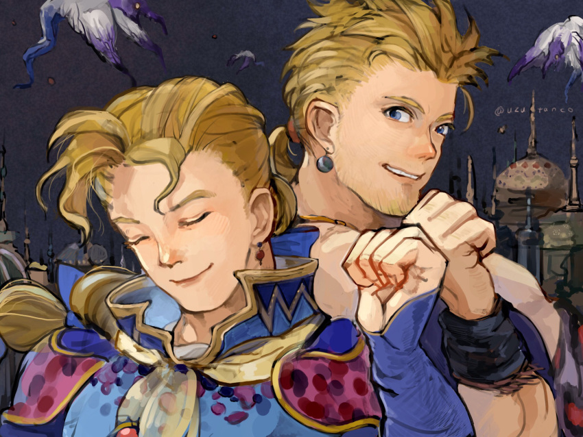 2boys armor blonde_hair blue_eyes brothers cape closed_eyes commentary_request earrings edgar_roni_figaro facial_hair final_fantasy final_fantasy_vi fist_bump grin highres jewelry male_focus multiple_boys muscular muscular_male ponytail sabin_rene_figaro siblings smile uzutanco