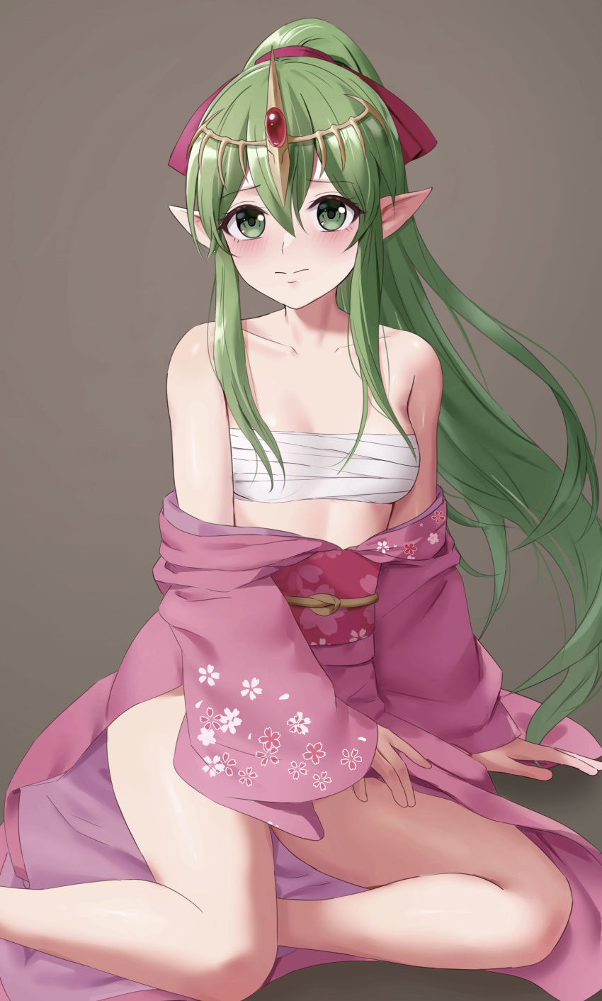 1girl absurdres alternate_costume amayo_thranana bandages bandeau bare_shoulders chest_sarashi commentary_request fire_emblem green_eyes green_hair grey_background highres japanese_clothes kimono long_hair long_sleeves looking_at_viewer obi off_shoulder pink_kimono pink_sash pointy_ears sarashi sash simple_background sitting solo strapless tiki_(fire_emblem) tube_top very_long_hair wide_sleeves yokozuwari