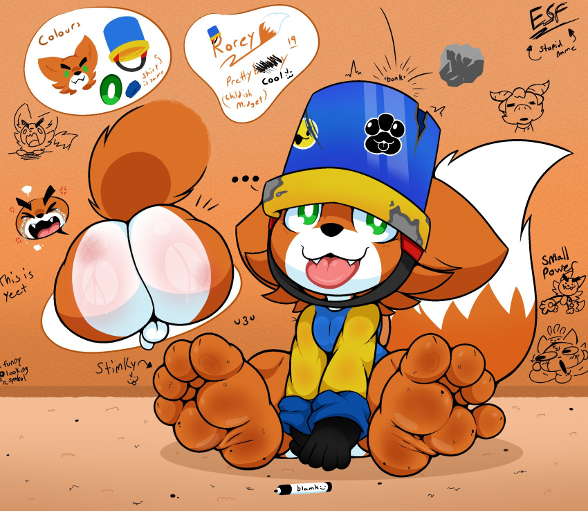 4_toes anthro balls big_feet bucket bucket_on_head butt canid canine clothing container electricsnowfox feet fox fur genitals hi_res humanoid_feet male mammal orange_body orange_fur penis plantigrade shirt sitting soles solo toes topwear white_body white_fur