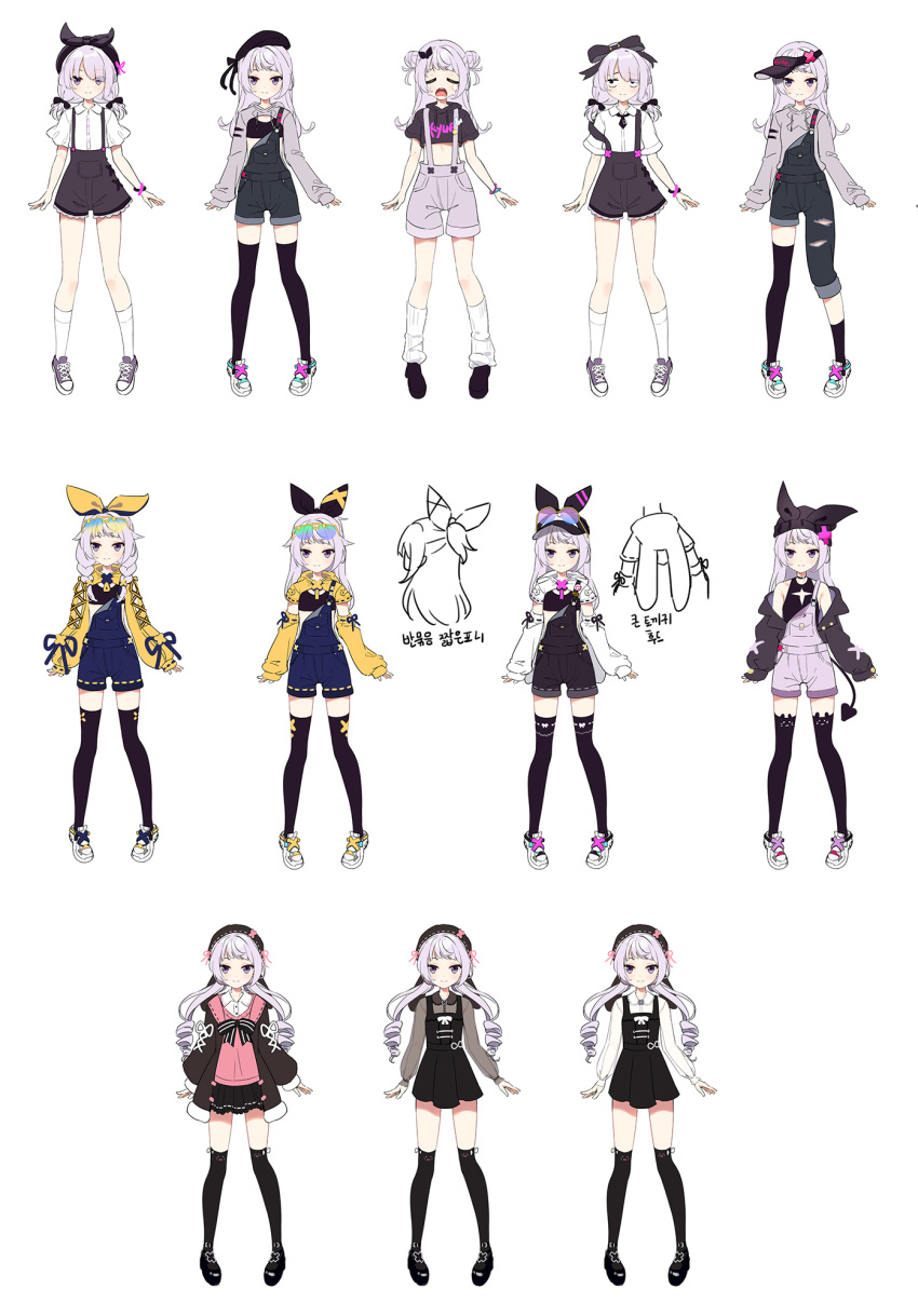 1girl beret black_dress black_headwear black_hoodie black_jacket black_shorts black_thighhighs brown_shirt closed_eyes clothes_writing collared_shirt commentary_request copyright_request crop_top demon_tail detached_sleeves double_bun drawstring dress dress_shirt grey_hair grey_shirt hair_bun hair_over_one_eye hat highres hood hood_down hoodie jacket korean_commentary korean_text kutata long_hair long_sleeves multiple_views navel open_clothes open_jacket overall_shorts overalls pleated_dress puffy_long_sleeves puffy_sleeves purple_eyes purple_footwear ringlets see-through see-through_sleeves shirt shoes short_shorts short_sleeves shorts shrug_(clothing) sideways_hat sleeveless sleeveless_dress sleeves_past_wrists socks suspender_shorts suspenders sweater_vest tail thighhighs translation_request twintails very_long_hair visor_cap white_footwear white_shirt white_socks yellow_sleeves