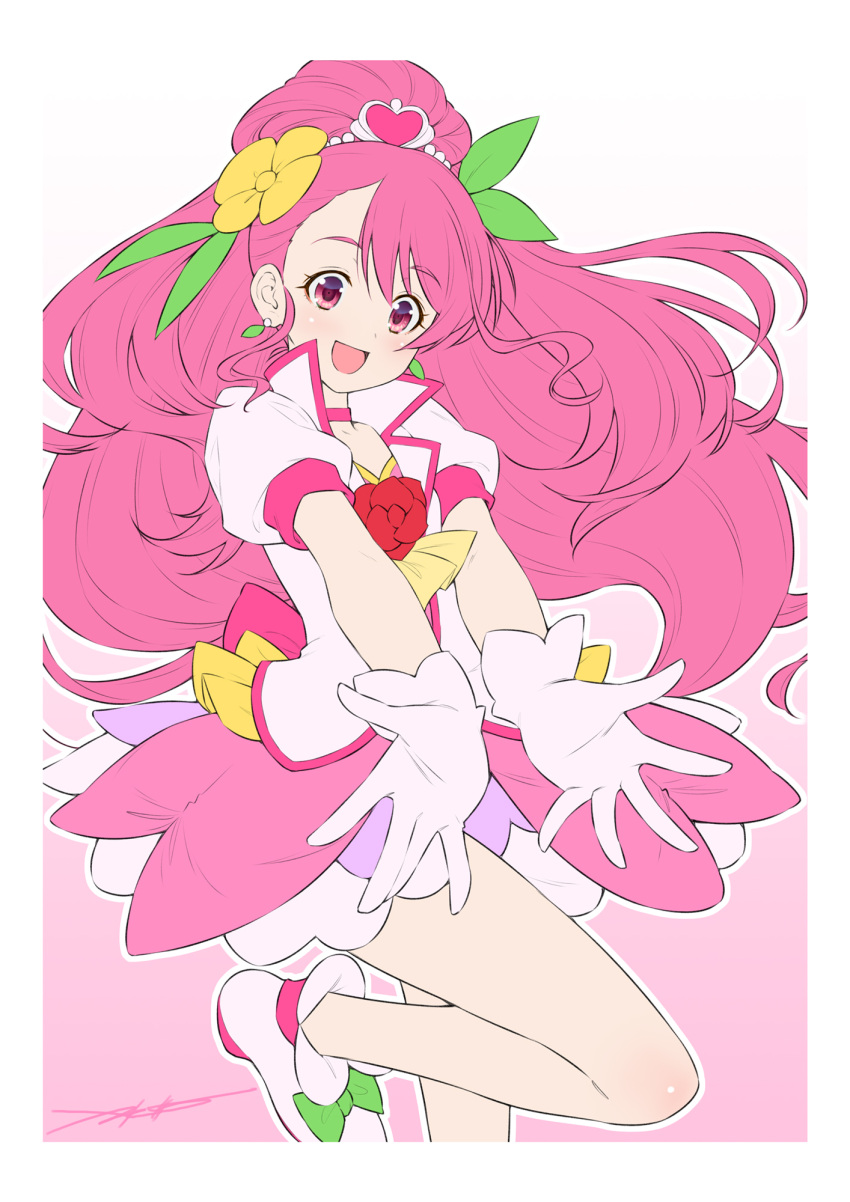 1girl ankle_boots artist_name ascot back_bow big_hair boots bow choker cure_grace dress dress_flower earrings flower gloves hair_flower hair_ornament hanadera_nodoka healin'_good_precure heart heart_hair_ornament highres jacket jewelry kazuma_muramasa leaf_earrings leaf_hair_ornament leg_up long_hair looking_at_viewer magical_girl open_mouth pink_bow pink_choker pink_dress pink_eyes pink_footwear pink_hair pink_jacket precure puffy_short_sleeves puffy_sleeves reaching reaching_towards_viewer red_flower red_rose rose short_dress short_sleeves signature smile solo standing standing_on_one_leg tiara white_gloves yellow_ascot yellow_flower