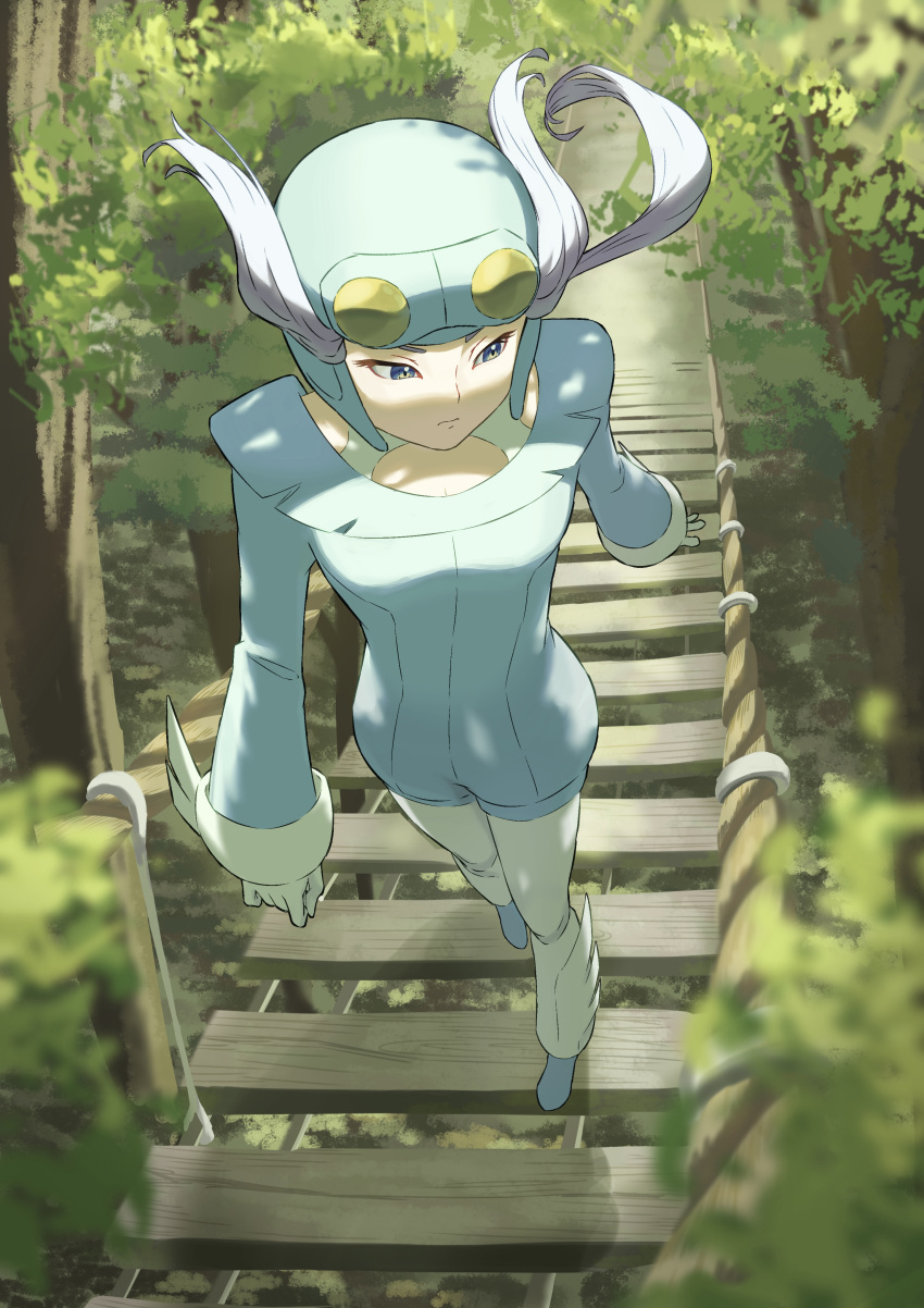 1girl absurdres blue_bodysuit blue_suit bodysuit collarbone goggles goggles_on_head highres kenchamanpoi long_sleeves pilot_helmet pilot_suit pokemon pokemon_oras ponytail purple_hair solo suit unitard white_bodysuit winona_(pokemon) wooden_bridge