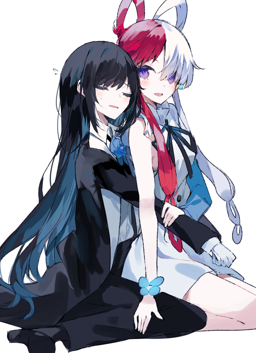 2girls absurdres ado_(utaite) black_coat black_footwear black_hair black_pants black_ribbon blue_flower blue_hair blue_rose chando_(ado) closed_eyes cloud_nine_inc coat collared_shirt colored_inner_hair dress dress_shirt flower flower_brooch gloves hair_rings highres hug hug_from_behind long_hair long_sleeves mole mole_under_eye multicolored_hair multiple_girls neck_ribbon one_piece one_piece_film:_red open_mouth pants parted_lips purple_eyes red_hair ribbon rose shirt simple_background sitting sleeveless sleeveless_dress split-color_hair sweatdrop umemaro_(siona0908) uta_(one_piece) utaite voice_actor_connection wariza white_background white_dress white_gloves white_hair white_shirt