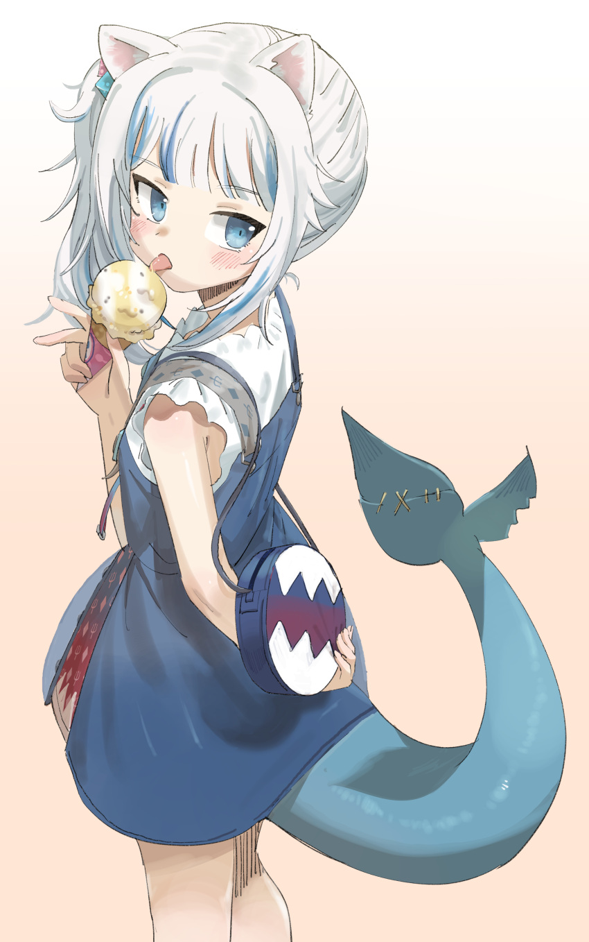 absurdres animal_ears arm_behind_back armpit_crease bag blue_eyes blue_hair blunt_bangs blush cat_ears chan_seong cowboy_shot eating fins fish_tail food frilled_sleeves frills gawr_gura gawr_gura_(casual) gradient_background grey_hair hair_bobbles hair_ornament hand_up handbag highres holding holding_bag holding_ice_cream_cone hololive hololive_english ice_cream ice_cream_cone lone_nape_hair looking_back medium_hair messy_hair multicolored_hair shark_tail shirt short_sleeves side_ponytail sidelocks single_scoop skirt skirt_set stitches streaked_hair suspenders tail tongue tongue_out v virtual_youtuber white_shirt