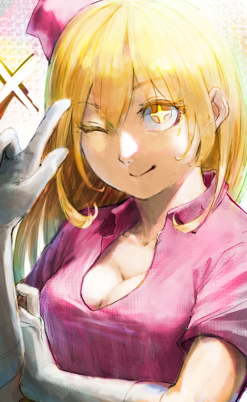 1girl ;) absurdres arm_under_breasts blonde_hair breasts cleavage commentary doya_(doya_oekaki) dress elbow_gloves gloves hair_between_eyes hand_on_own_arm hand_up hat highres index_finger_raised large_breasts long_hair looking_at_viewer nurse nurse_cap one_eye_closed pink_dress pink_headwear shokuhou_misaki simple_background smile solo sparkle symbol-shaped_pupils toaru_kagaku_no_railgun toaru_majutsu_no_index upper_body white_gloves yellow_eyes