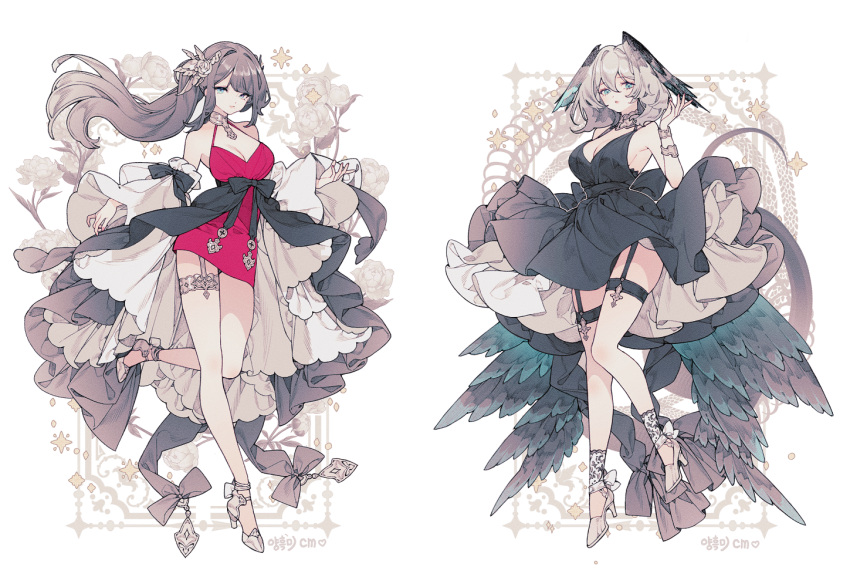 2girls aqua_eyes black_dress black_ribbon breasts brown_hair cleavage detached_sleeves dress fashion floral_background frilled_dress frills full_body garter_straps grey_choker grey_footwear grey_hair head_wings high_heels large_breasts lemon89h long_hair looking_at_viewer low_wings medium_hair multiple_girls original pink_dress pink_lips ponytail ribbon sidelocks single_garter_strap snake_print socks standing standing_on_one_leg swept_bangs waist_cape white_socks wings wrist_cuffs