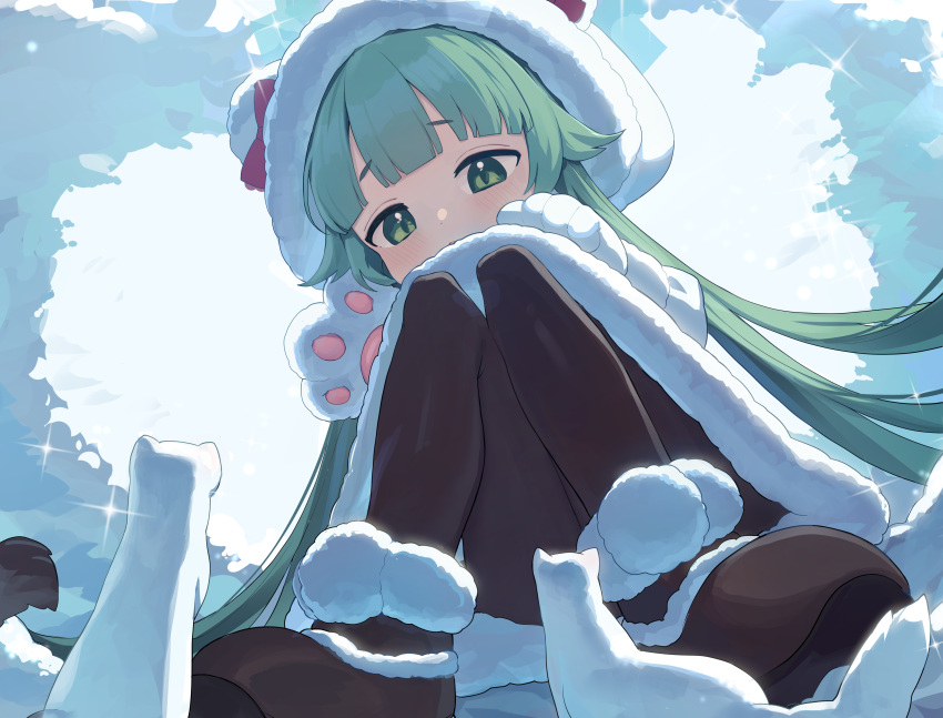 1girl absurdres animal animal_hands bada_(jksh5056) black_footwear black_pantyhose blue_archive blush coat coat_dress commentary dress fur-trimmed_footwear fur_trim gloves green_eyes green_hair highres long_hair momiji_(blue_archive) open_mouth pantyhose paw_gloves shoes solo white_coat white_dress white_gloves