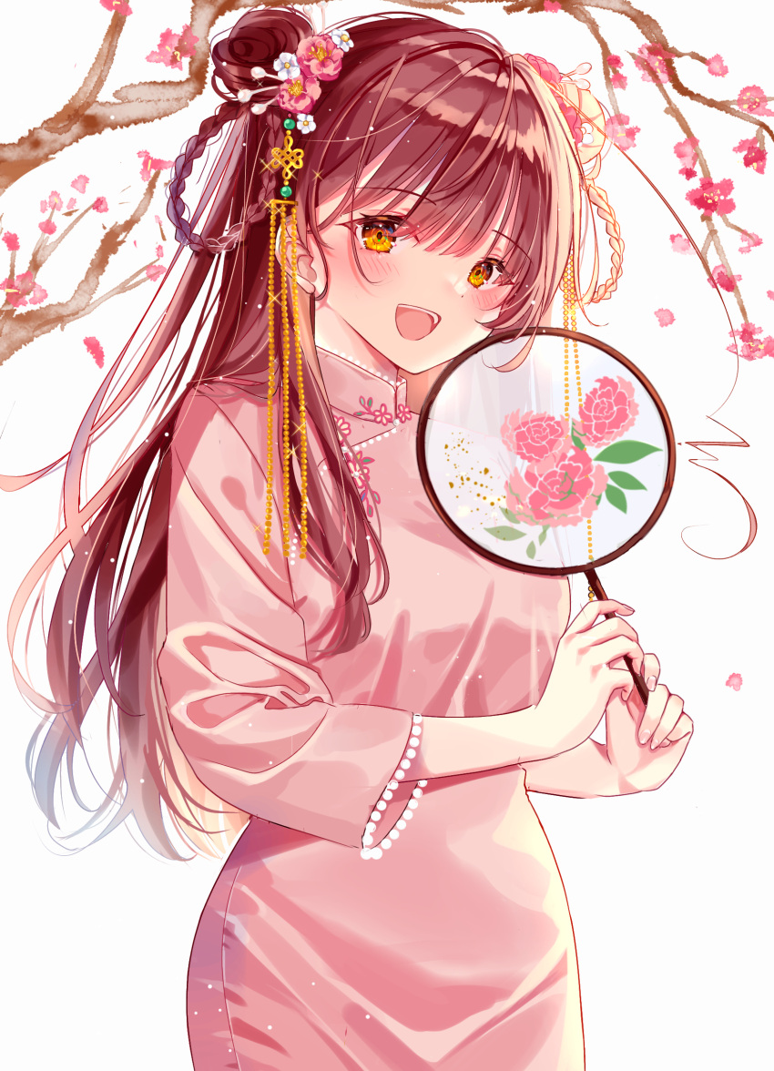 1girl :d absurdres ahoge axis_powers_hetalia beads blush braided_hair_rings branch breasts brown_hair china_dress chinese_clothes cowboy_shot double_bun dress fingernails flower hair_bun hair_flower hair_ornament hand_fan highres holding holding_fan long_hair long_sleeves looking_at_viewer open_mouth petals pink_dress pink_flower red_hair riri5937 smile solo taiwan_(hetalia) transparent_fan tuanshan white_background yellow_eyes