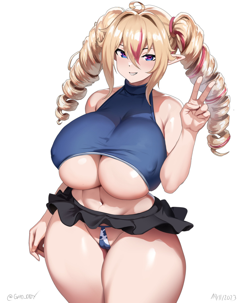 1girl absurdres ahoge bare_arms black_skirt blonde_hair blue_eyes breasts cameltoe covered_nipples cowboy_shot crop_top dated drill_hair gad_the_god hair_between_eyes highres horizontal_pupils huge_breasts linea_alba microskirt multicolored_hair navel original pink_hair pointy_ears shirt sidelocks skirt sleeveless sleeveless_shirt smile solo streaked_hair twin_drills twitter_username underboob underwear v