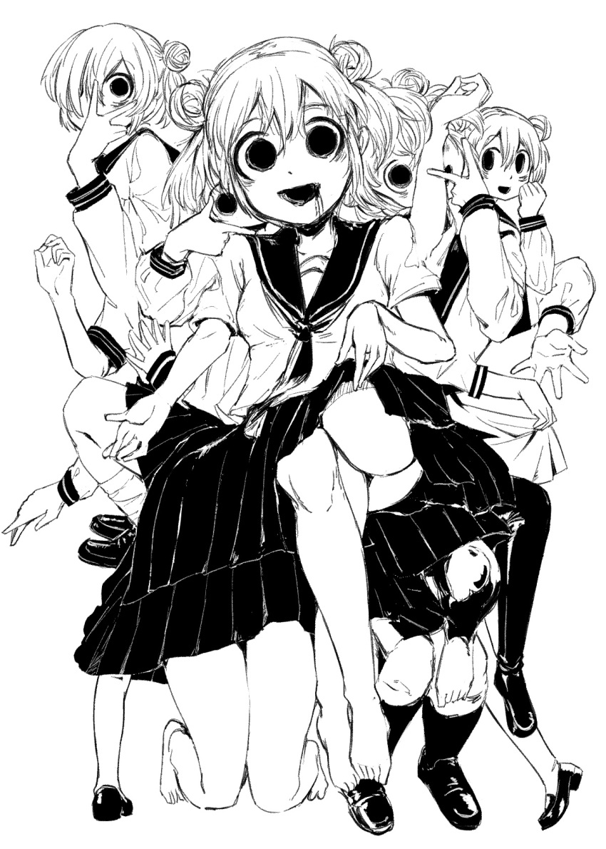 4shi 5girls ai-generated_art_(topic) alternate_hairstyle anatomical_nonsense arm_up bags_under_eyes barefoot black_eyes black_footwear black_pants black_skirt clothes_lift commentary_request covering_face dango-chan_(4shi) dot_nose double_bun extra_arms extra_faces full_body greyscale hair_between_eyes hair_bun hair_over_one_eye hand_to_own_mouth hands_up head_tilt highres hollow_eyes horror_(theme) knee_up kneehighs kneeling knees legs loafers long_sleeves looking_at_viewer looking_to_the_side medium_hair medium_skirt monochrome monster monster_girl multiple_girls neckerchief open_mouth original pants pleated_skirt pointing pointing_at_self raised_eyebrows sailor_collar school_uniform serafuku shoes short_hair simple_background skirt skirt_lift smile socks solid_circle_pupils standing standing_on_one_leg v v_over_eye white_background