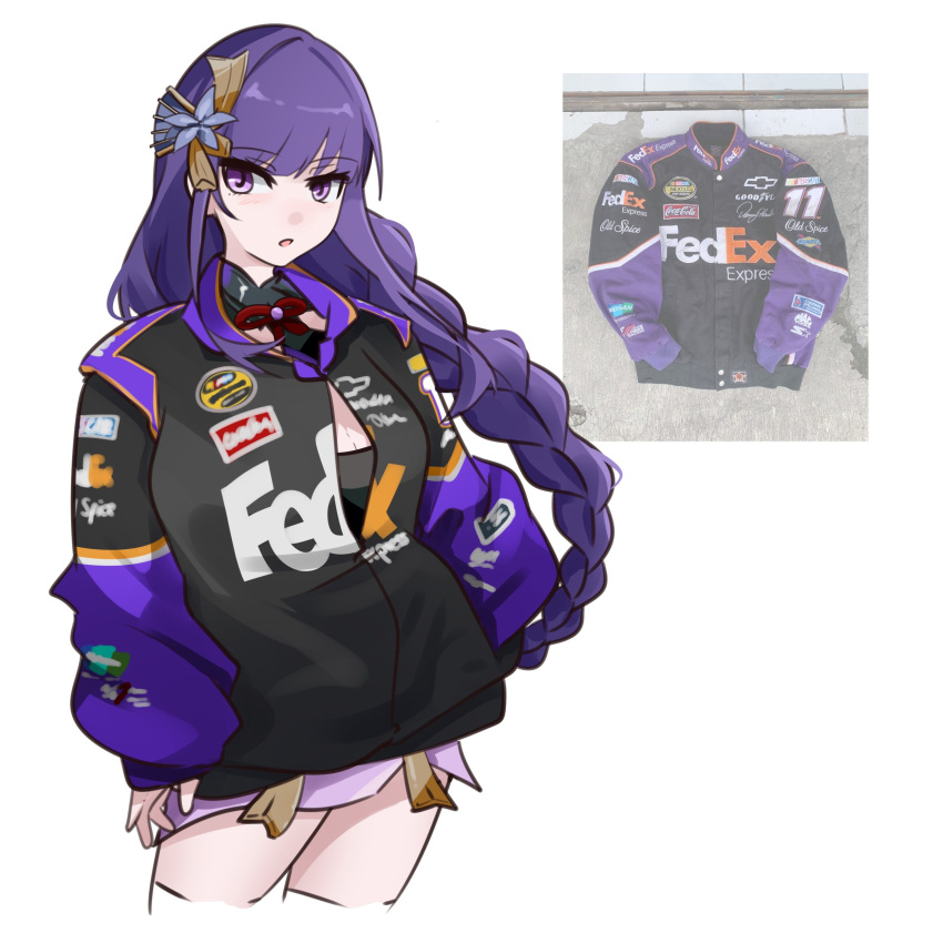 1girl :o absurdres black_jacket braid chevrolet commentary cosplay denny_hamlin denny_hamlin_(cosplay) flower genshin_impact hair_flower hair_ornament hands_in_pockets highres holeecrab jacket long_hair looking_to_the_side nascar old_spice open_mouth photo_inset purple_flower purple_hair raiden_shogun reference_inset solo sponsor star_(symbol) symbol-only_commentary upper_body very_long_hair white_background