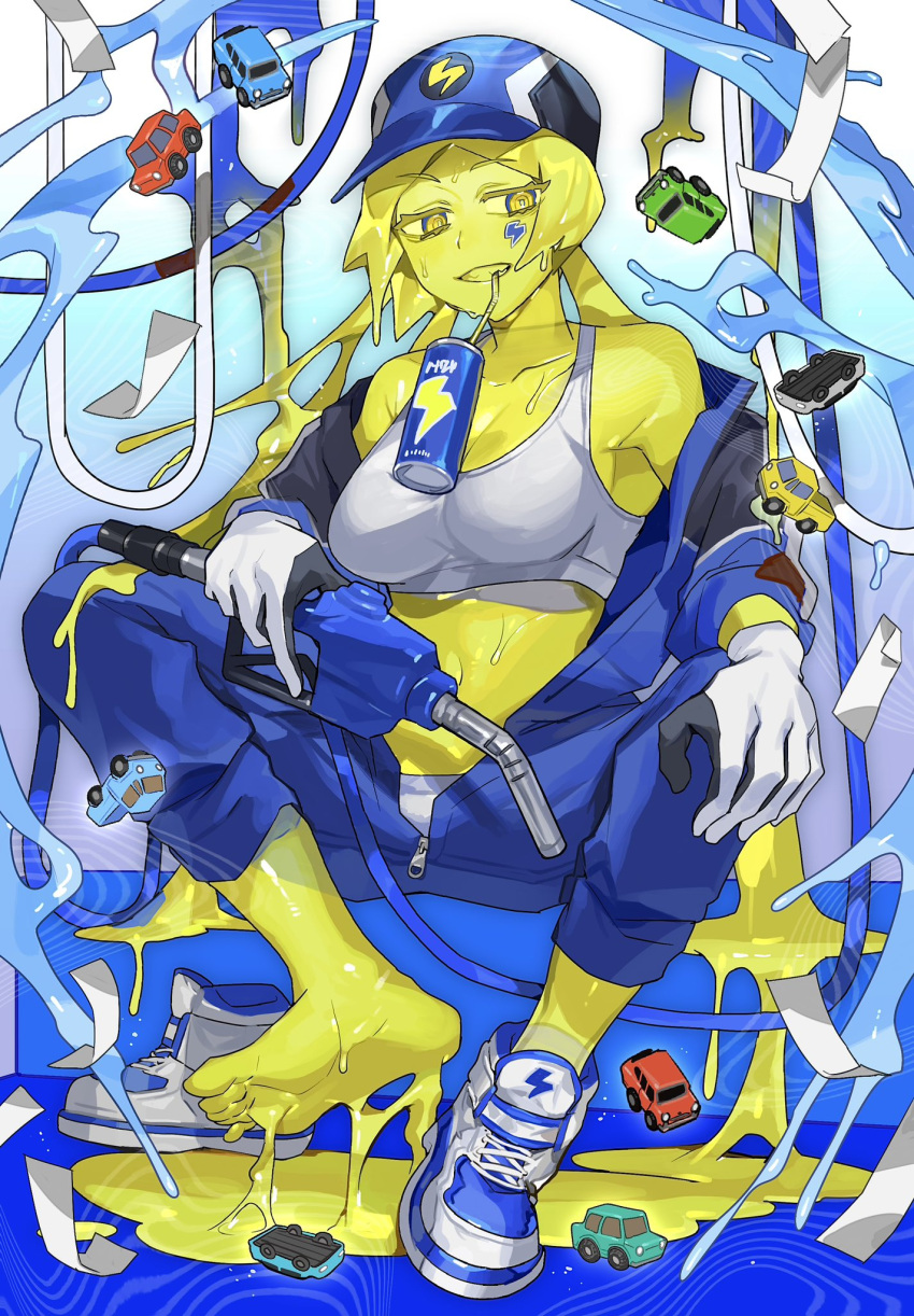 baseball_cap blonde_hair bodysuit breasts can cleavage colored_sclera colored_skin crop_top drinking_straw energy_drink gas_pump gloves hat highres hose lightning_bolt_symbol midriff monster_girl navel open_clothes original panties sakoku_(oyatsu3ji_) shoes slime_(substance) slime_girl smile sneakers toy toy_car translucent_skin underwear yellow_eyes yellow_sclera yellow_skin