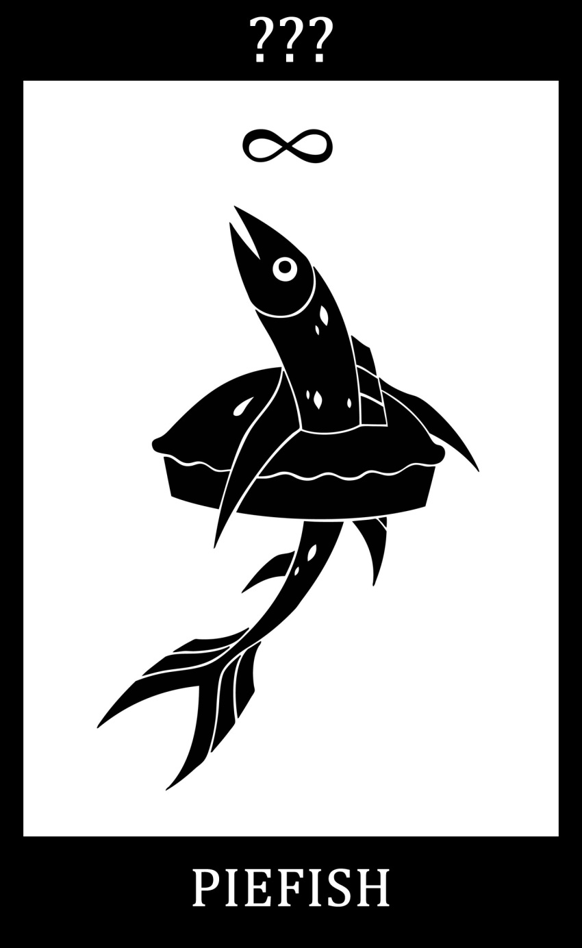 2015 anal_fin black_and_white black_border black_text border card digital_drawing_(artwork) digital_media_(artwork) dorsal_fin english_text feral fin fish fish_tail food full-length_portrait hi_res in_pie infinity_symbol male marine meme monochrome pastry pectoral_fin pie piefish_(chrisakakpiefish) portrait question_mark scales shitpost side_view silhouette simple_background sunnyclockwork symbol tail tail_fin tarot_card text what white_background white_text