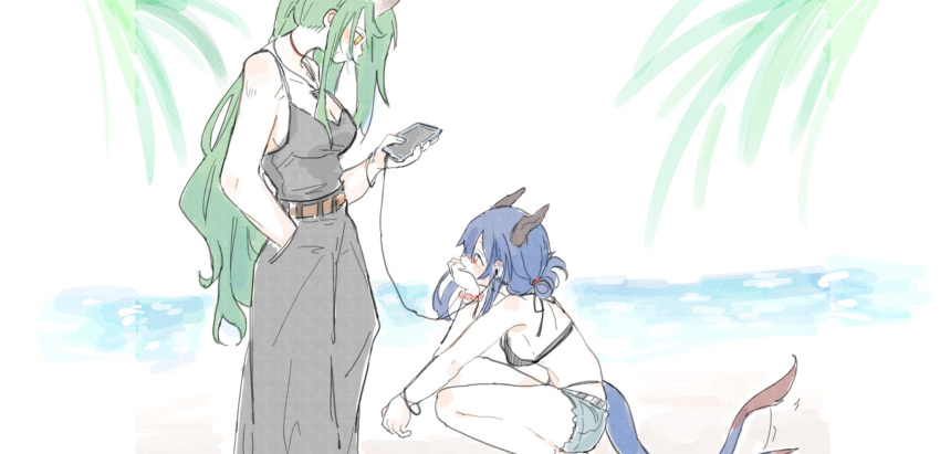 2girls arknights bangle bare_shoulders beach bead_bracelet beads bikini black_bikini black_pants black_shirt blue_hair blush bracelet breasts cellphone ch'en_(arknights) cleavage couple denim denim_shorts dragon_girl dragon_horns dragon_tail earphones eye_contact folded_ponytail green_hair hand_in_own_hair hand_on_own_chin highleg highleg_bikini highres holding holding_phone horns hoshiguma_(arknights) jewelry long_hair looking_at_another looking_down looking_up mishima_coco multiple_girls pants phone ponytail red_eyes shared_earphones shirt shirt_tucked_in short_shorts shorts sidelocks single_horn smartphone squatting swimsuit tail tail_wagging very_long_hair yellow_eyes yuri