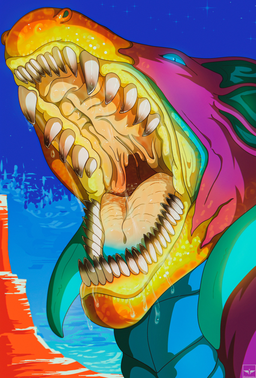 absurd_res blakezarks bodily_fluids cel_shading close-up dracarna dragon eel female feral fish front_view headshot_portrait hi_res marine moray_eel mouth_shot open_mouth portrait saliva scalie shaded sky solo teeth three-quarter_view tongue tongue_fetish transformation vore