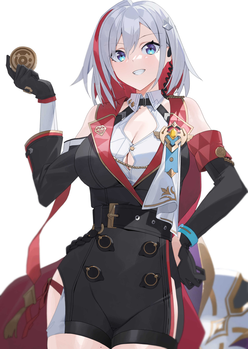 1girl absurdres belt black_belt black_gloves blue_eyes breasts cleavage coin commentary_request cowboy_shot elbow_gloves gloves grey_hair grin hand_up highres holding holding_coin honkai:_star_rail honkai_(series) large_breasts looking_at_viewer multicolored_hair numby_(honkai:_star_rail) raitho red_hair short_hair simple_background smile solo standing streaked_hair topaz_(honkai:_star_rail) trotter_(honkai:_star_rail) white_background