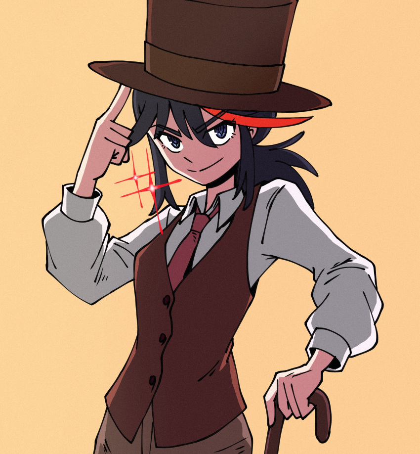 1girl alternate_costume alternate_hairstyle black_hair breasts brown_headwear brown_vest closed_mouth collared_shirt cowboy_shot formal hair_between_eyes hand_up hat highres kill_la_kill long_sleeves matoi_ryuuko orange_background ponytail red_hair risu_(matoirisu) shirt small_breasts smile solo sparkle top_hat vest