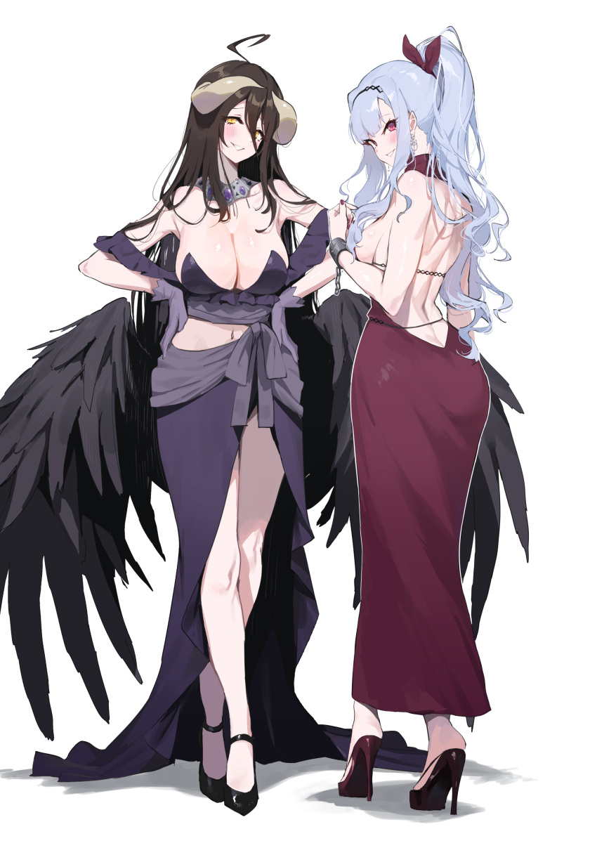 2girls absurdres ahoge albedo_(overlord) backless_dress backless_outfit black_hair black_wings blush breasts cleavage crossover cuffs demon_horns dress feathered_wings full_body furrowed_brow grey_hair hands_on_own_hips hara_yumi high_heels highres horns idolmaster idolmaster_(classic) idolmaster_million_live! large_breasts looking_at_viewer midnamana multiple_girls navel overlord_(maruyama) purple_skirt red_dress shackles shijou_takane sideless_dress simple_background skirt smile stomach voice_actor_connection white_background wings