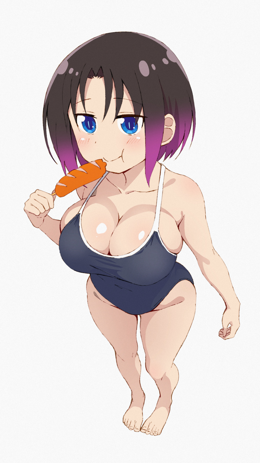 1girl absurdres barefoot black_hair black_one-piece_swimsuit blue_eyes breasts cleavage collarbone competition_school_swimsuit eating elma_(maidragon) from_above gradient_hair highres hot_dog kobayashi-san_chi_no_maidragon kurage_kun_nano large_breasts multicolored_hair one-piece_swimsuit purple_hair school_swimsuit simple_background slit_pupils solo swimsuit white_background