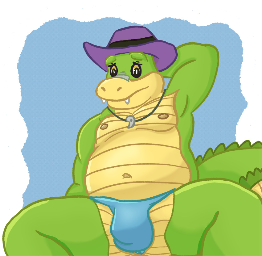 2024 alligator alligatorid anthro belly brok_(brok_the_investigator) brok_the_investigator bulge clothing crocodilian green_body hat headgear headwear hi_res male moobs navel nipples reptile scalie simple_background slightly_chubby solo underwear zamir503